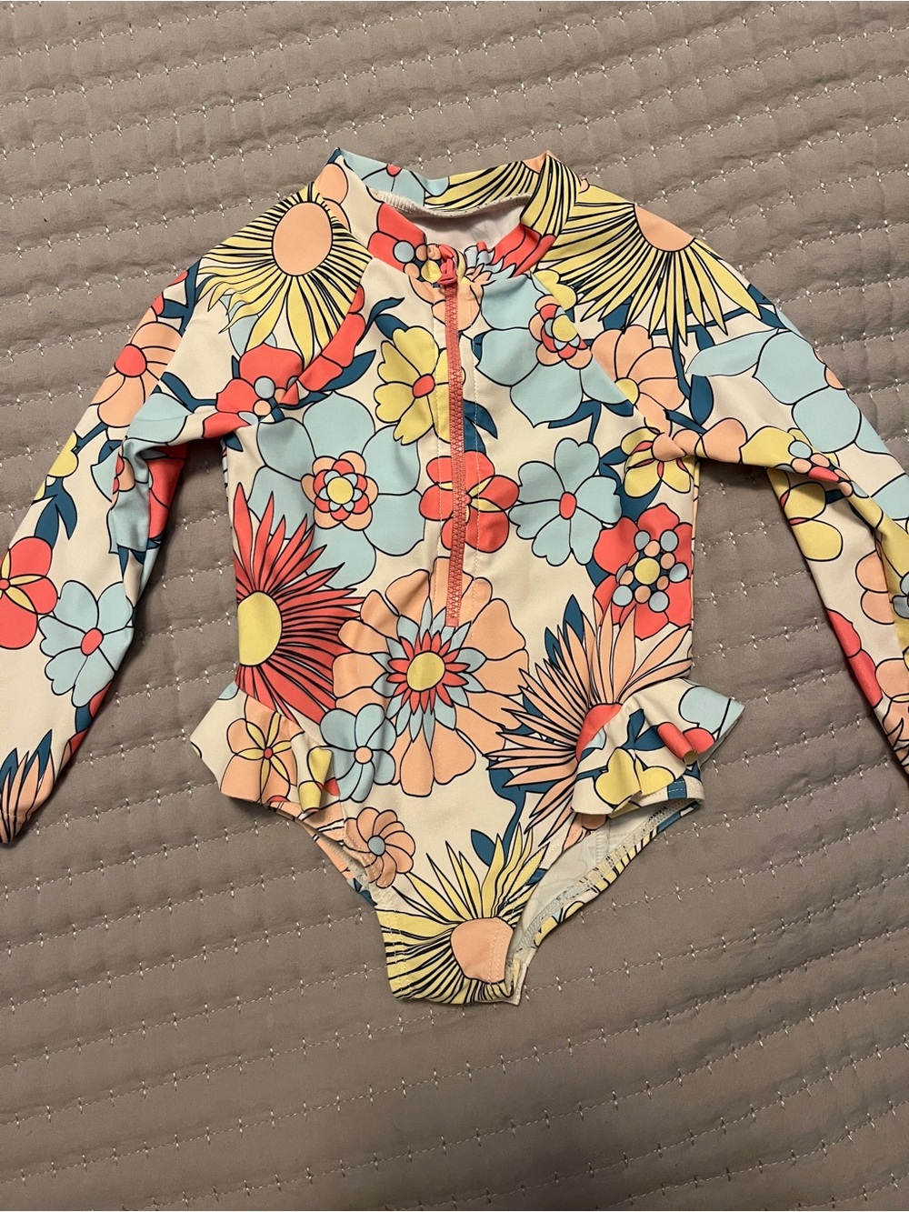 Jessica Simpson Kids Floral Long Sleeve Swimsuit in Coral, Yellow, Blue, Cream
